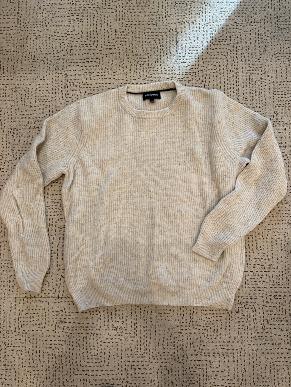 Bonobos Men's Light Cream Ribbed Crewneck Sweater size L merino wool